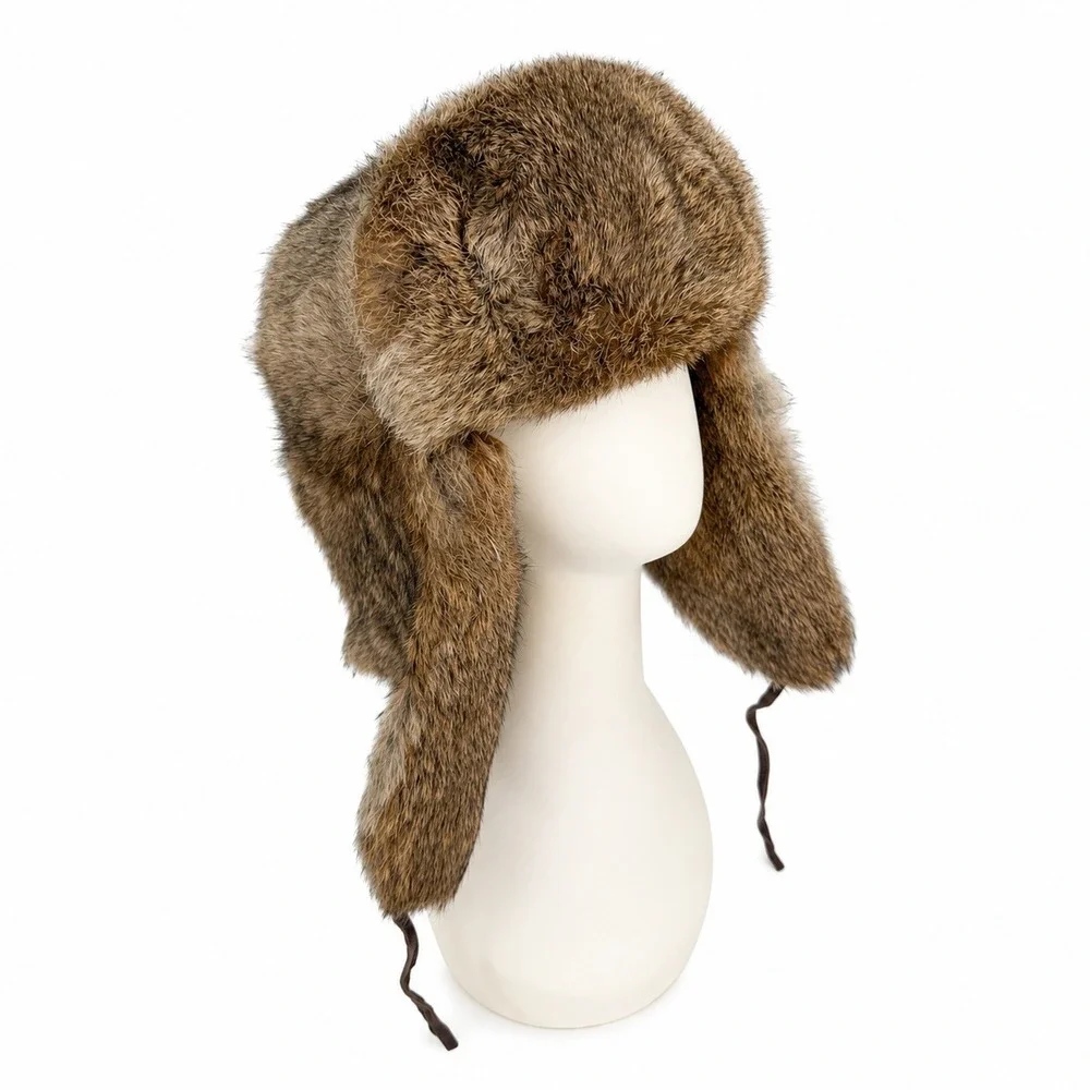 Vintage Trapper Hat Ushanka Real Rabbit Fur Ear Flaps Brown Gorpcore Aviator Hat